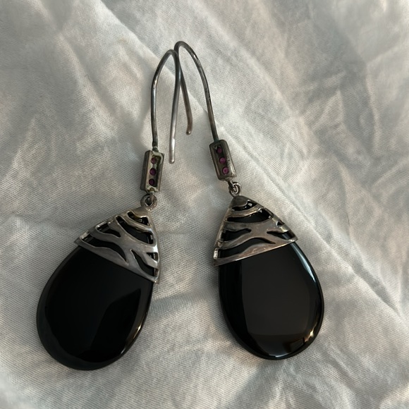 Vintage David Sigal 925 Sterling Onyx Ruby Earrings - Picture 11 of 14